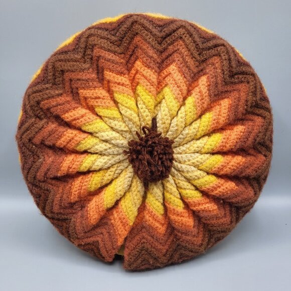 Handmade Other - Vtg Crochet Round Granny Throw Pillow Rusty Orange Brown Yarn Ruffled Handmade